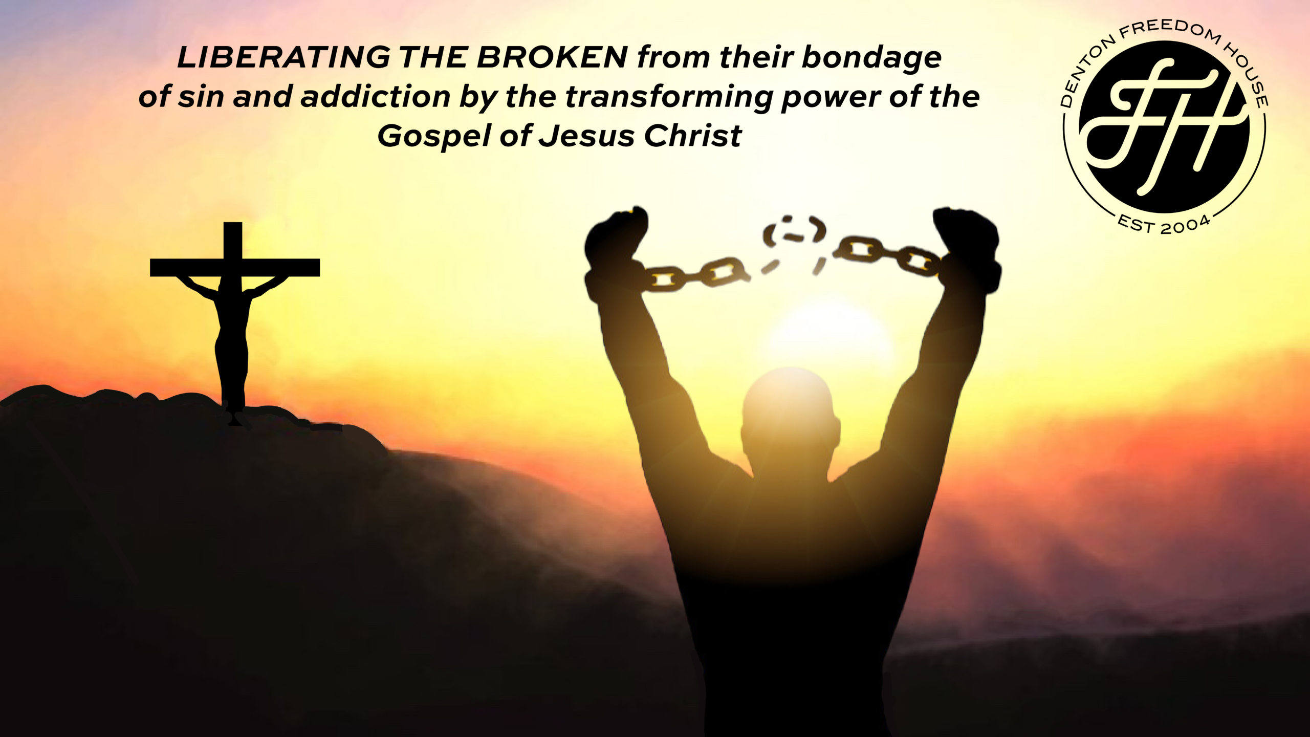 man with broken chains before the cross